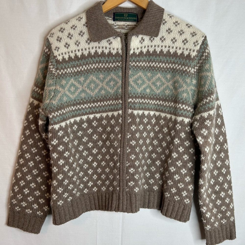 Vintage Embassy Row Sportwear Lambswool Fair Isle Full Zip Cardigan Size PL